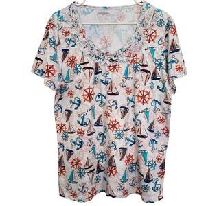 SUN BAY Womens XL Nautical Boat Anchor Print Cotton Short Sleeve Ruffle Neck Top